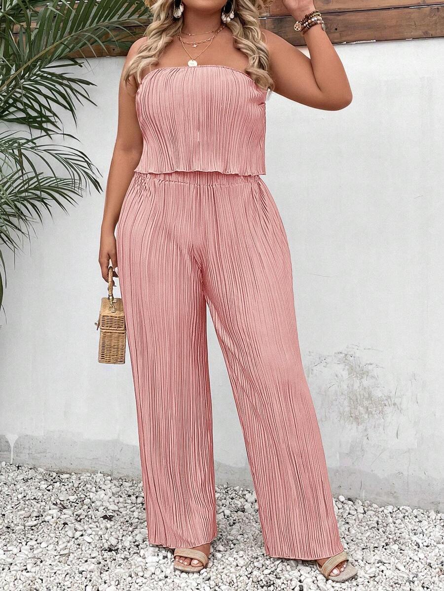 SHEIN Clasi Plus Solid Tube Top & Wide Leg Pants - Coral Pink - View 1