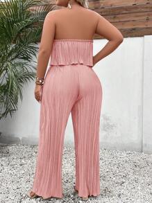 SHEIN Clasi Plus Solid Tube Top & Wide Leg Pants - Coral Pink - View 2