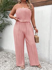 SHEIN Clasi Plus Solid Tube Top & Wide Leg Pants - Coral Pink - View 4