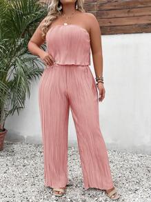 SHEIN Clasi Plus Solid Tube Top & Wide Leg Pants - Coral Pink - View 5