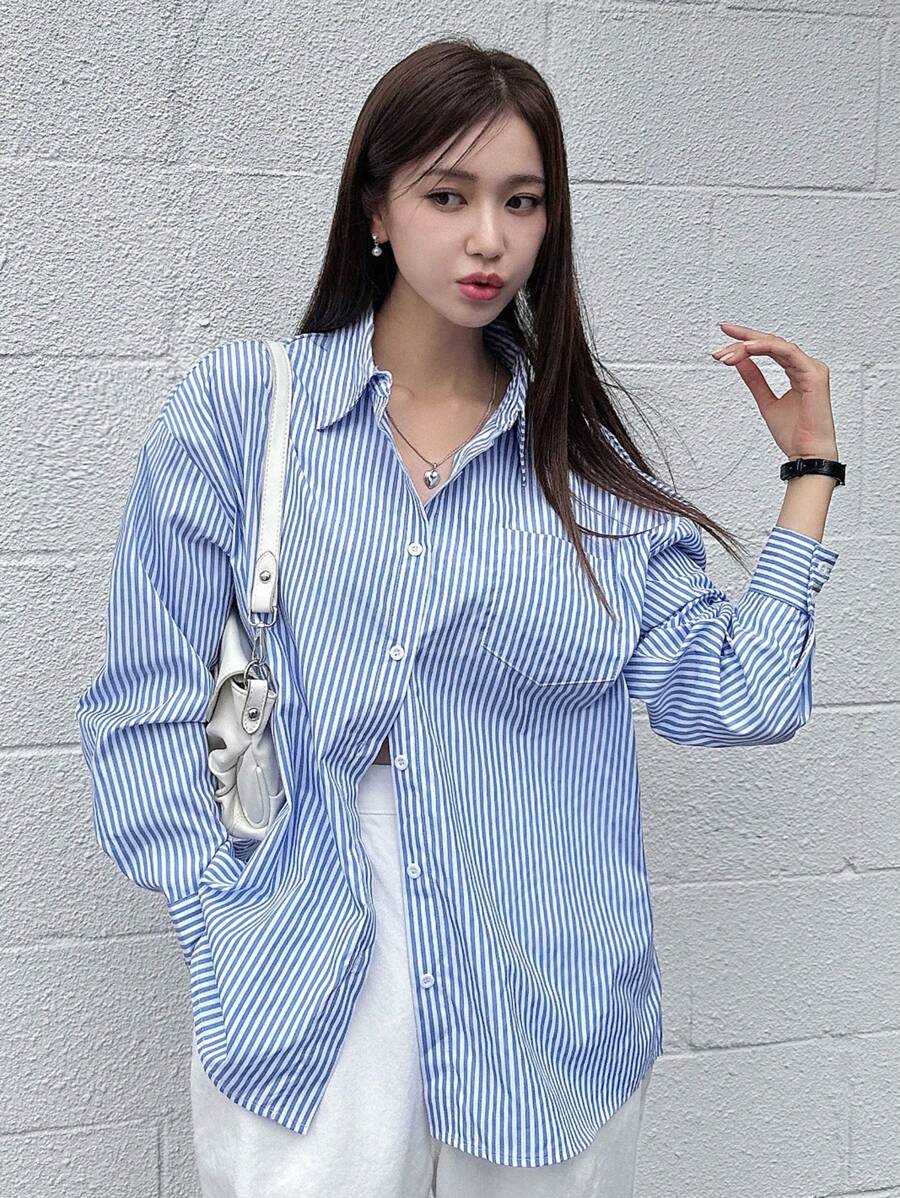 DAZY 条纹印花落肩衬衫，秋装长袖上衣 - 藍白色 - 查看 1