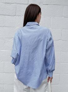 DAZY 条纹印花落肩衬衫，秋装长袖上衣 - 藍白色 - 查看 2
