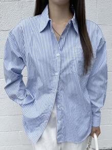 DAZY 条纹印花落肩衬衫，秋装长袖上衣 - 藍白色 - 查看 3