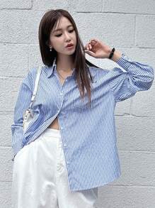 DAZY 条纹印花落肩衬衫，秋装长袖上衣 - 藍白色 - 查看 9