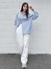 DAZY 条纹印花落肩衬衫，秋装长袖上衣 - 藍白色 - 查看 4