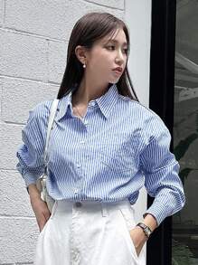 DAZY 条纹印花落肩衬衫，秋装长袖上衣 - 藍白色 - 查看 8