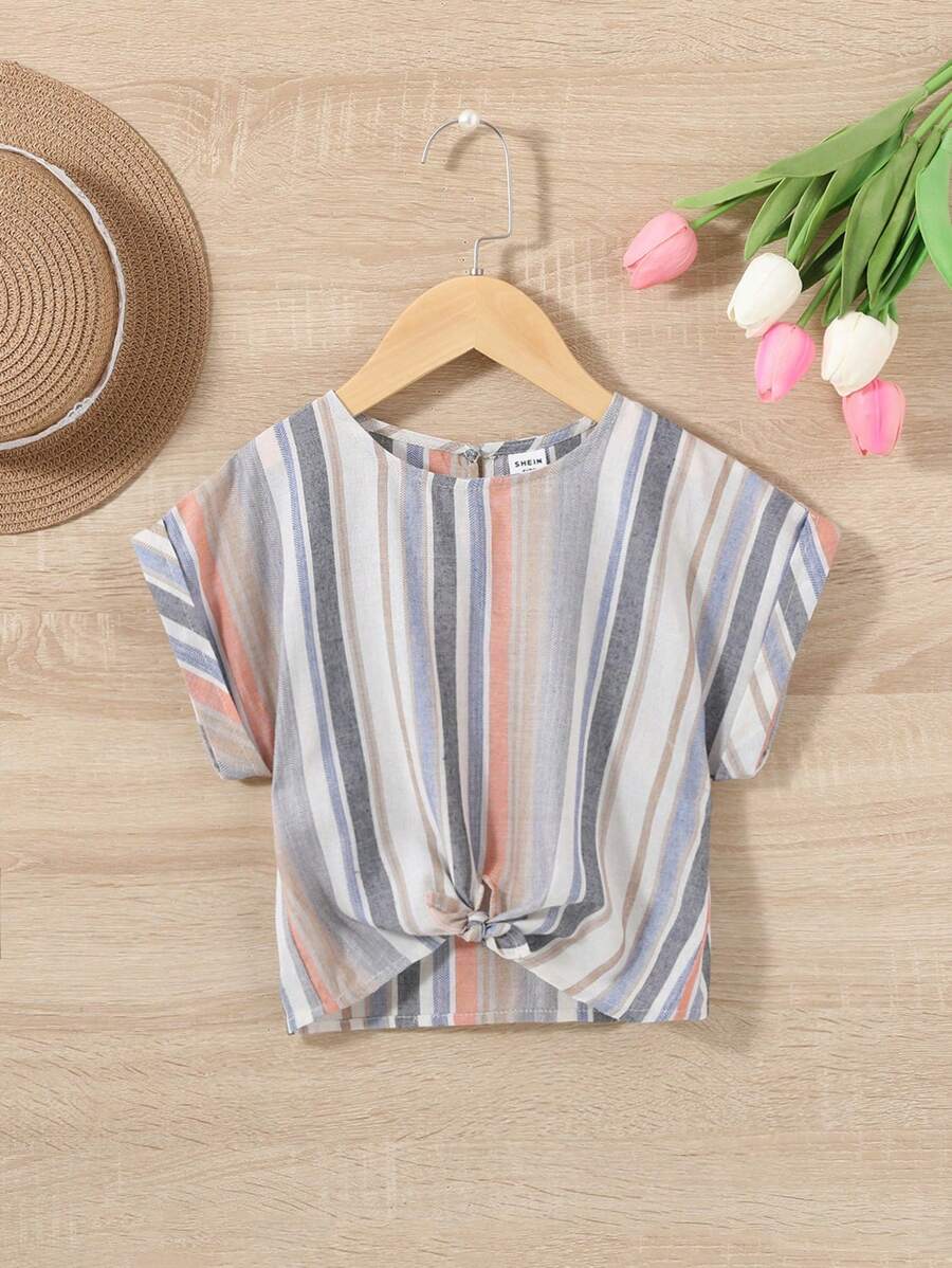 SHEIN 女小童條紋印花下擺打結蝙蝠袖襯衫 - 彩色 - 查看 1