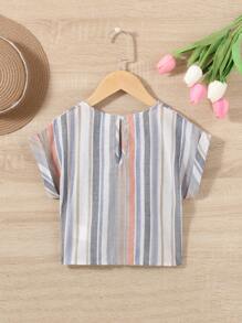SHEIN 女小童條紋印花下擺打結蝙蝠袖襯衫 - 彩色 - 查看 2