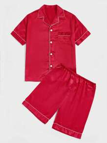 Men Contrast Piping PJ Set / Pajama Set - Red - View 5