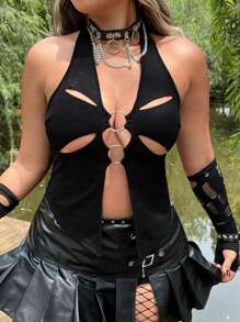 ROMWE PUNK 大碼前鏤空掛脖上衣 - 黑色 - 查看 6