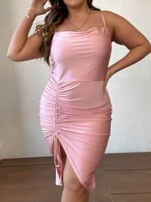 Calvaya Plus Drawstring Front Asymmetrical Hem Cami Dress - Pink - View 4