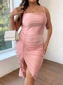 Calvaya Plus Drawstring Front Asymmetrical Hem Cami Dress - Pink - View 1