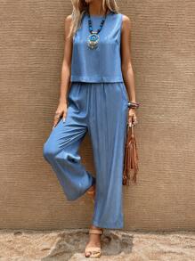 SHEIN LUNE 素色背心上衣&闊腿褲 - 藍色 - 查看 1