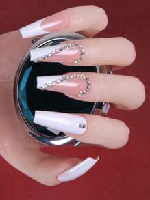 ROMWE 24 piezas largo ataúd con diseño de diamante de imitación Uña postiza & 1 hoja cinta - Blanco - Ver 2