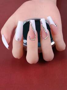 ROMWE 24 piezas largo ataúd con diseño de diamante de imitación Uña postiza & 1 hoja cinta - Blanco - Ver 4