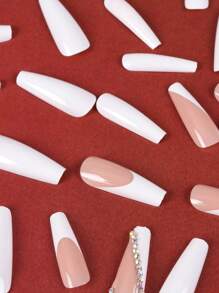 ROMWE 24 piezas largo ataúd con diseño de diamante de imitación Uña postiza & 1 hoja cinta - Blanco - Ver 5