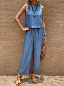 SHEIN LUNE 素色背心上衣&闊腿褲 - 藍色 - 查看 6