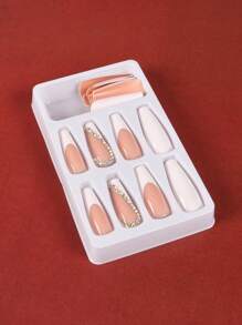 ROMWE 24 piezas largo ataúd con diseño de diamante de imitación Uña postiza & 1 hoja cinta - Blanco - Ver 6