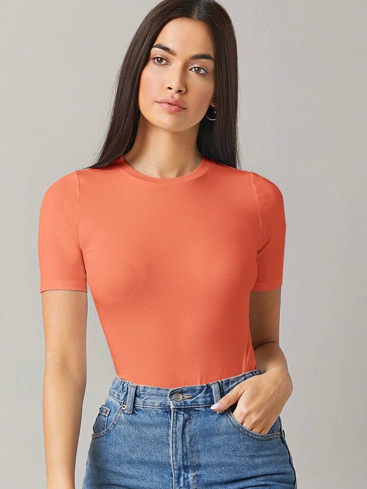 SHEIN BASICS Body unicolor de cuello redondo - Naranja Coral - Añade 5