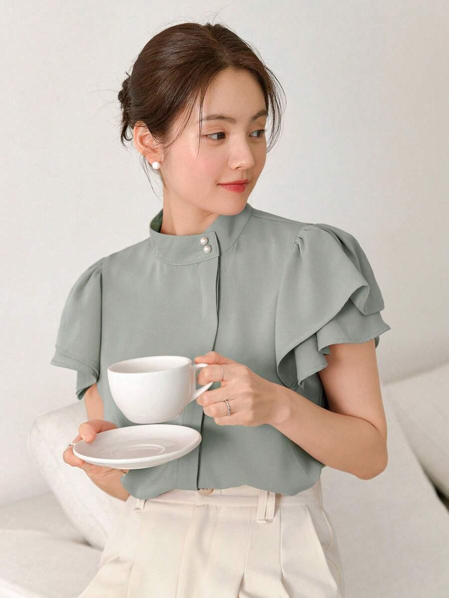 DAZY Mock Neck Butterfly Sleeve Button Front Shirt,Ruffle - Green - View 1