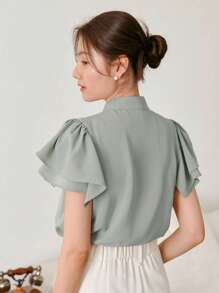 DAZY Mock Neck Butterfly Sleeve Button Front Shirt,Ruffle - Green - View 2