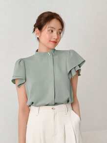 DAZY Mock Neck Butterfly Sleeve Button Front Shirt,Ruffle - Green - View 4