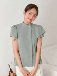 DAZY Mock Neck Butterfly Sleeve Button Front Shirt,Ruffle - Green - View 5