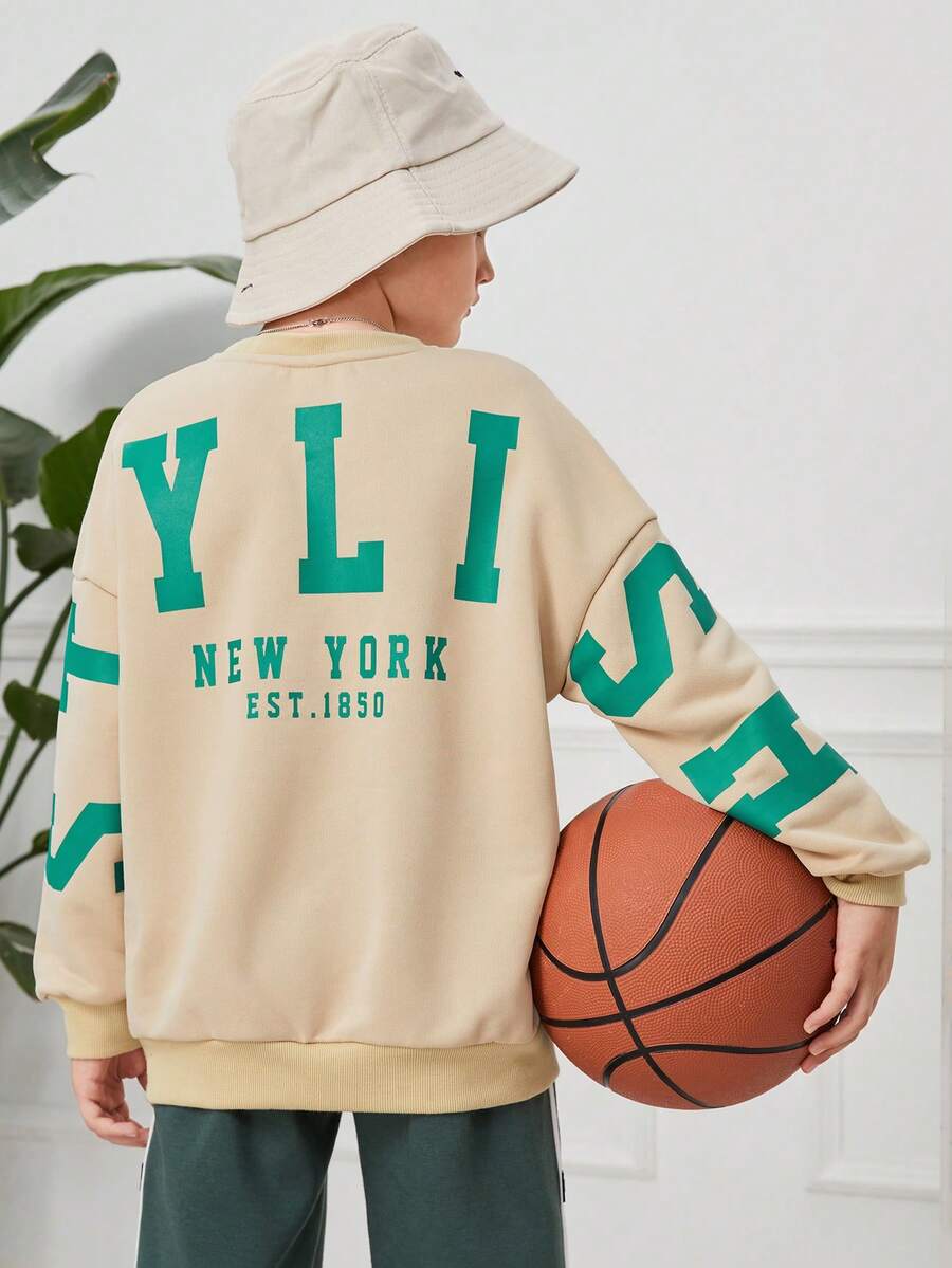 SHEIN Tween Boy Letter Graphic Drop Shoulder Sweatshirt - Apricot - View 1