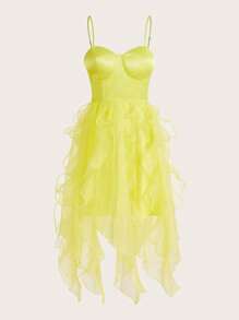 Aveloria 不對稱下擺緊身上衣網紗吊帶洋裝 - 黃色 - 查看 1