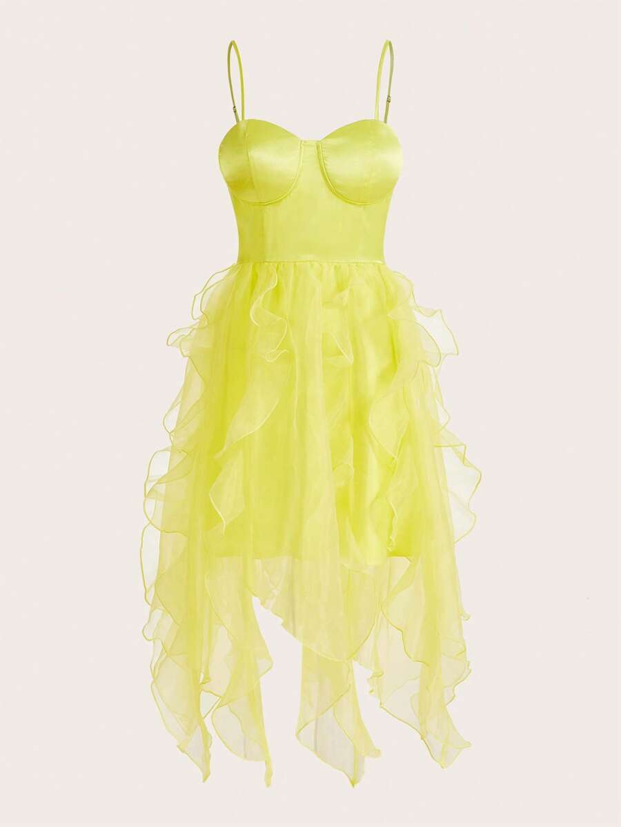 Aveloria 不對稱下擺緊身上衣網紗吊帶洋裝 - 黃色 - 查看 1