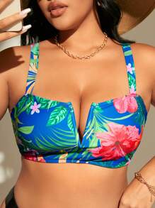 SHEIN Swim Curve 大碼印花V形鋼帶比基尼泳裝上衣 - 彩色 - 查看 1