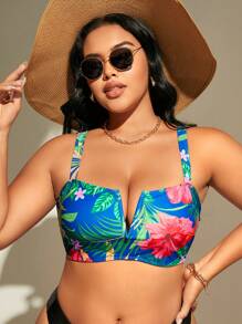 SHEIN Swim Curve 大碼印花V形鋼帶比基尼泳裝上衣 - 彩色 - 查看 3