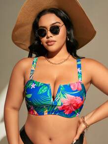 SHEIN Swim Curve 大碼印花V形鋼帶比基尼泳裝上衣 - 彩色 - 查看 4