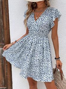 SHEIN Frenchy In hoa Ditsy áo tay bướm Đầm - Màu xanh lam - Xem 1