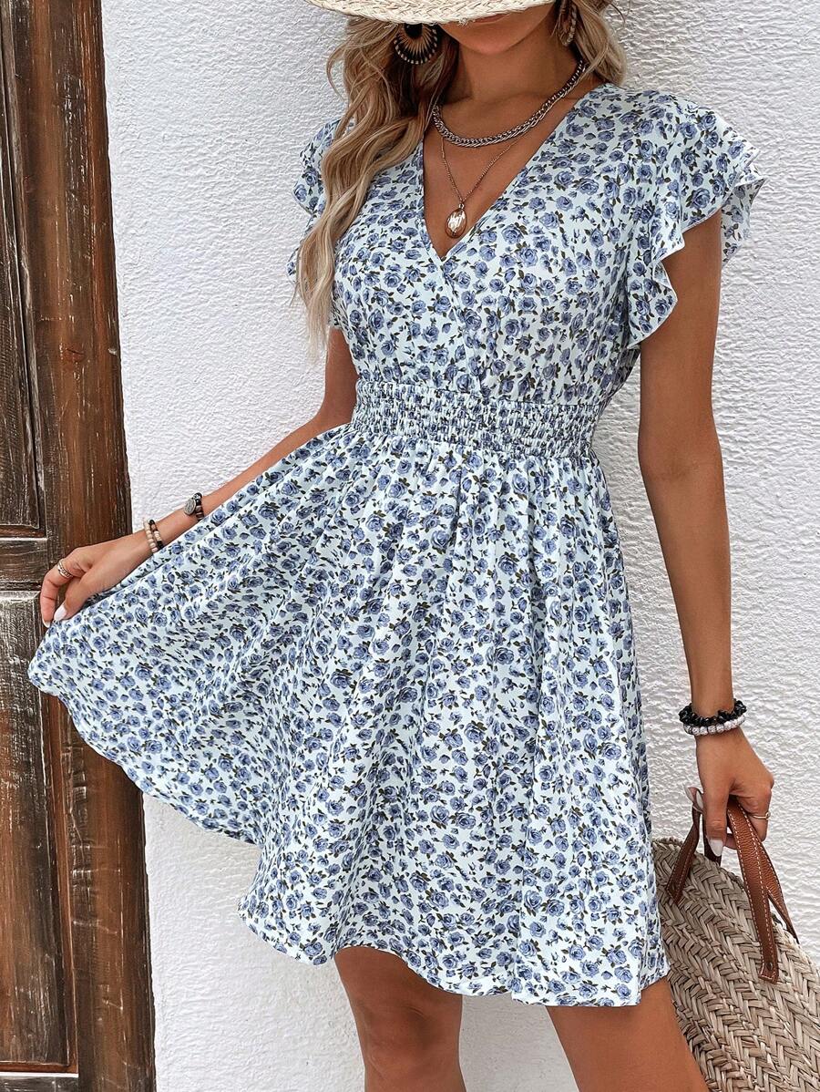 SHEIN Frenchy In hoa Ditsy áo tay bướm Đầm - Màu xanh lam - Xem 1