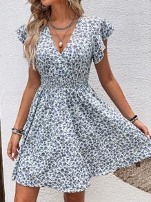 SHEIN Frenchy In hoa Ditsy áo tay bướm Đầm - Màu xanh lam - Xem 3