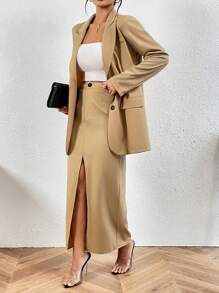 SHEIN VCAY 素色西裝領西裝外套&高衩半身裙 - 駝色 - 查看 1