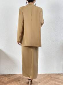 SHEIN VCAY 素色西裝領西裝外套&高衩半身裙 - 駝色 - 查看 2
