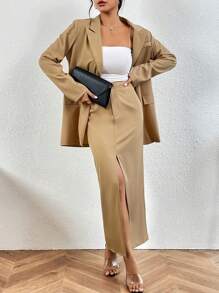 SHEIN VCAY 素色西裝領西裝外套&高衩半身裙 - 駝色 - 查看 5
