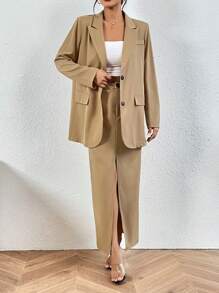 SHEIN VCAY 素色西裝領西裝外套&高衩半身裙 - 駝色 - 查看 6