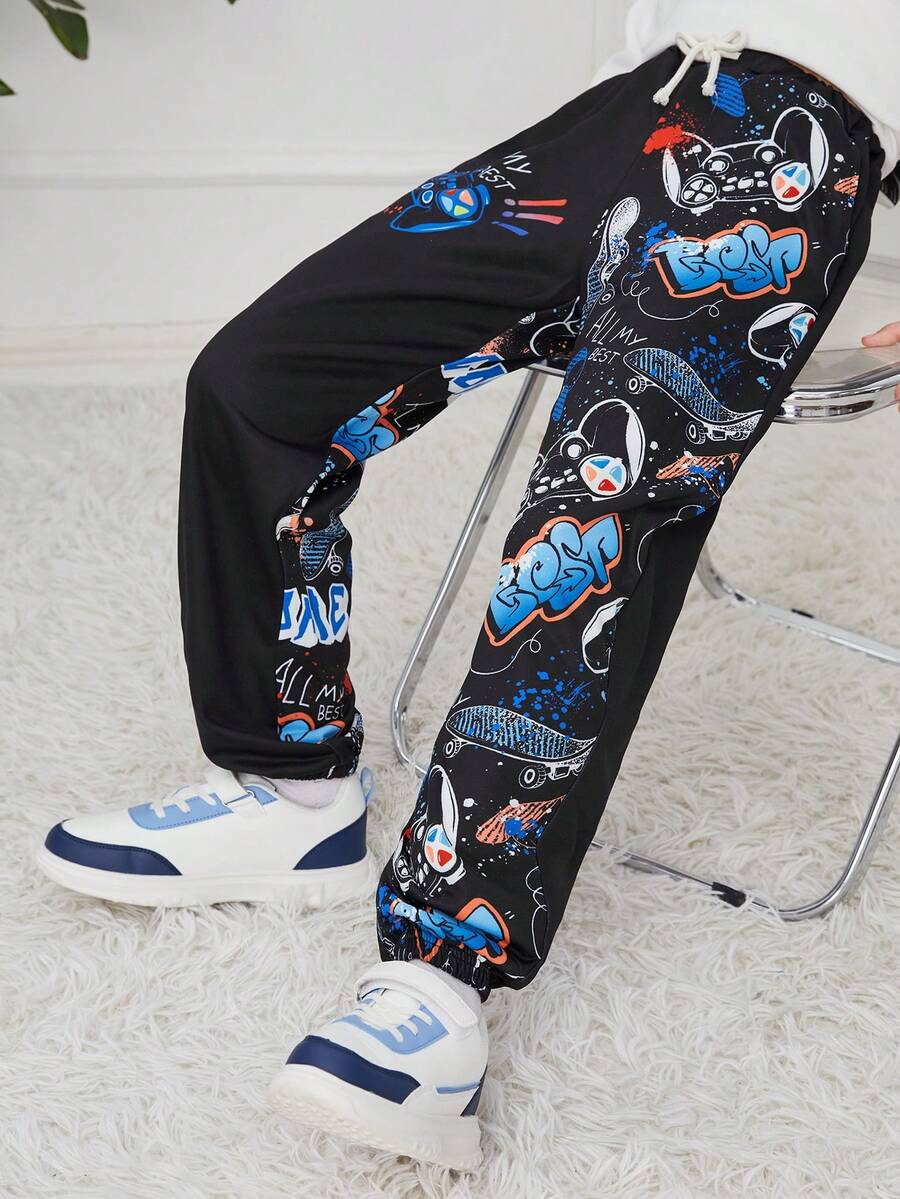 SHEIN 男大童字母圖案腰部抽繩衛褲 - 彩色 - 查看 1