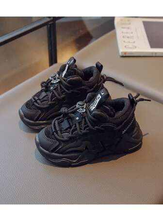 男孩字母圖案抽繩設計老爹鞋適用於戶外