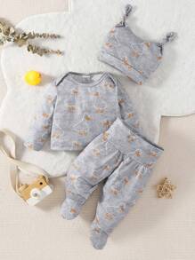 女嬰卡通圖案T恤和包腳長褲和帽睡衣套裝 - 灰色 - 查看 1