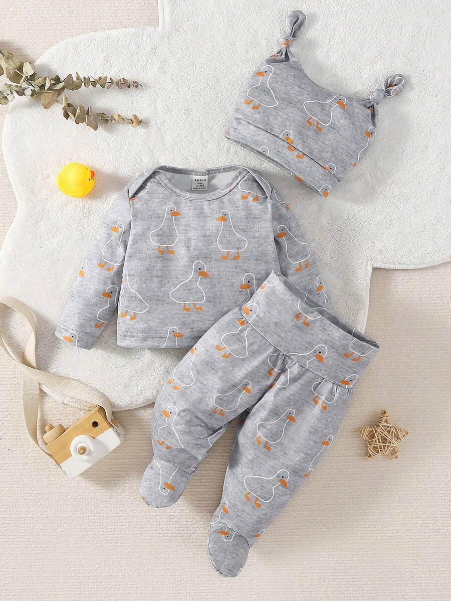 女嬰卡通圖案T恤和包腳長褲和帽睡衣套裝 - 灰色 - 查看 1