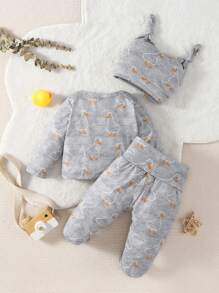 女嬰卡通圖案T恤和包腳長褲和帽睡衣套裝 - 灰色 - 查看 2