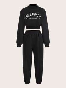 SHEIN EZwear 字母圖案小高領落肩袖套頭衫和運動褲 - 黑色 - 查看 1