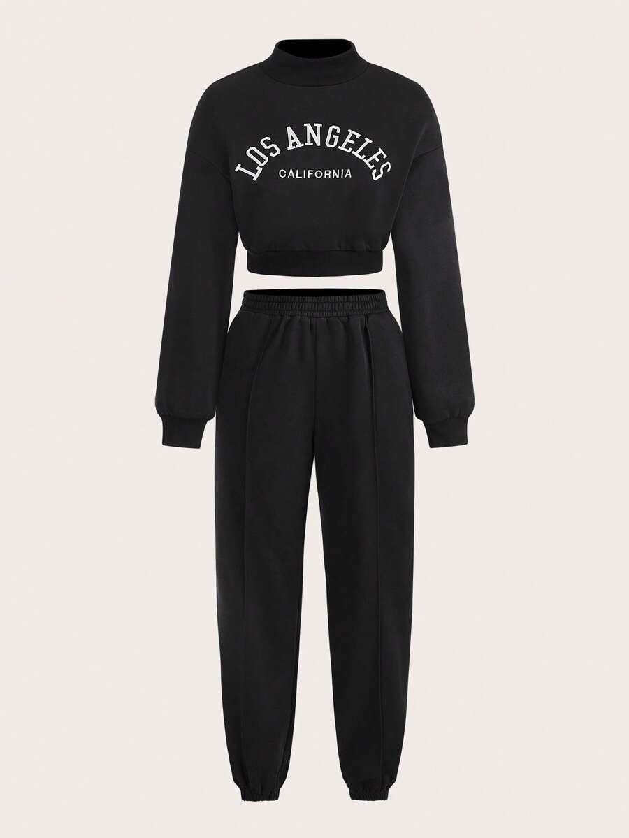 SHEIN EZwear 字母圖案小高領落肩袖套頭衫和運動褲 - 黑色 - 查看 1