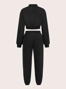 SHEIN EZwear 字母圖案小高領落肩袖套頭衫和運動褲 - 黑色 - 查看 2