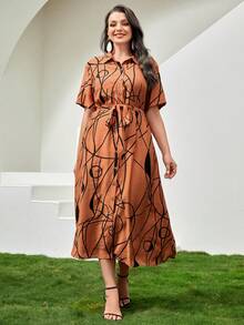 Mulvari Plus Graphic Print Belted Shirt Dress - Orange - View 3