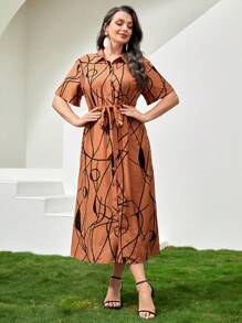 Mulvari Plus Graphic Print Belted Shirt Dress - Orange - View 6